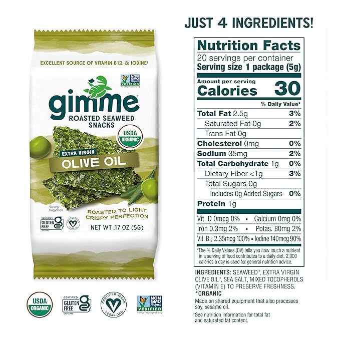 Gimme Seaweed Organic Premium Roasted Seaweed Snacks, Extra Virgin Olive Oil, 20 Count, Keto