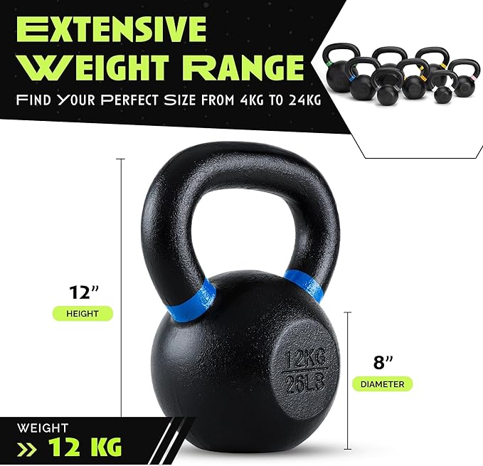 Single Cast Iron Kettlebell | Powder Coated - Wide Handle Weights for Core & Glute Workouts;