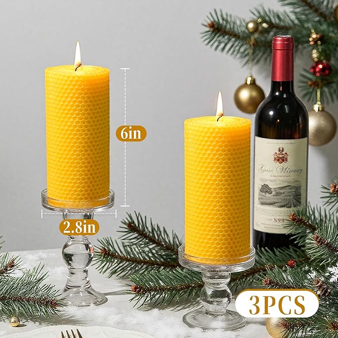 3 Pack Natural Beeswax Pillar Candles,2.8x6in Handmade Beeswax Rolled Candles,129 Hours Long