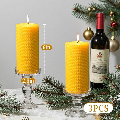 3 Pack Natural Beeswax Pillar Candles,2.8x6in Handmade Beeswax Rolled Candles,129 Hours Long
