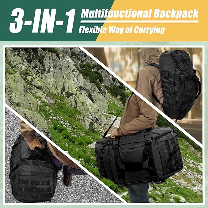 55L Large Travel Gym Duffle Bag Military Tactical Backpack, Army Pack 3 Day Bug Out Bag Rucksack