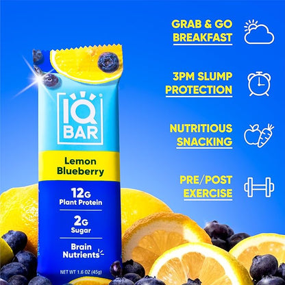 IQBAR Brain and Body Plant Protein Bars - Lemon Blueberry - 12-Count Low Carb - Gluten Free, High