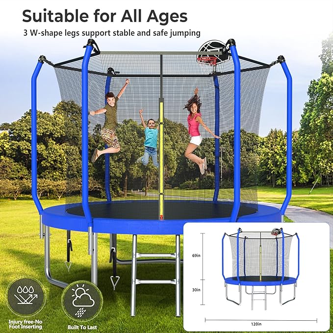 Upgraded Trampoline 8FT/10FT/12FT/14FT With Basketball Hoop, Light, Sprinkler, Stakes - Outdoor