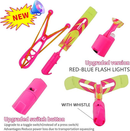 25 Packs LED Flying Toys Set with Whistle,25 Rocket Slingshot+25 Glow Arrow Helicopter for Summer