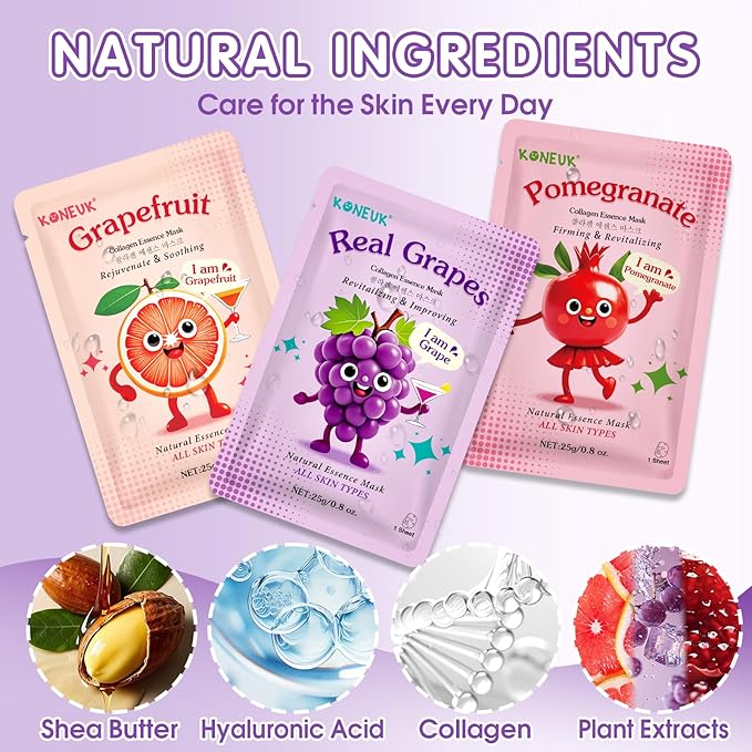 70 Pack Collagen Hydrating Face Masks Skincare for Women, Cute Fruit Face Mask Skin Care for Kids