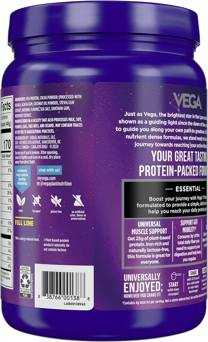 Vega Original Essential Protein - 25g Plant-Based Protein, Creamy Chocolate, 10 Servings, Vegan