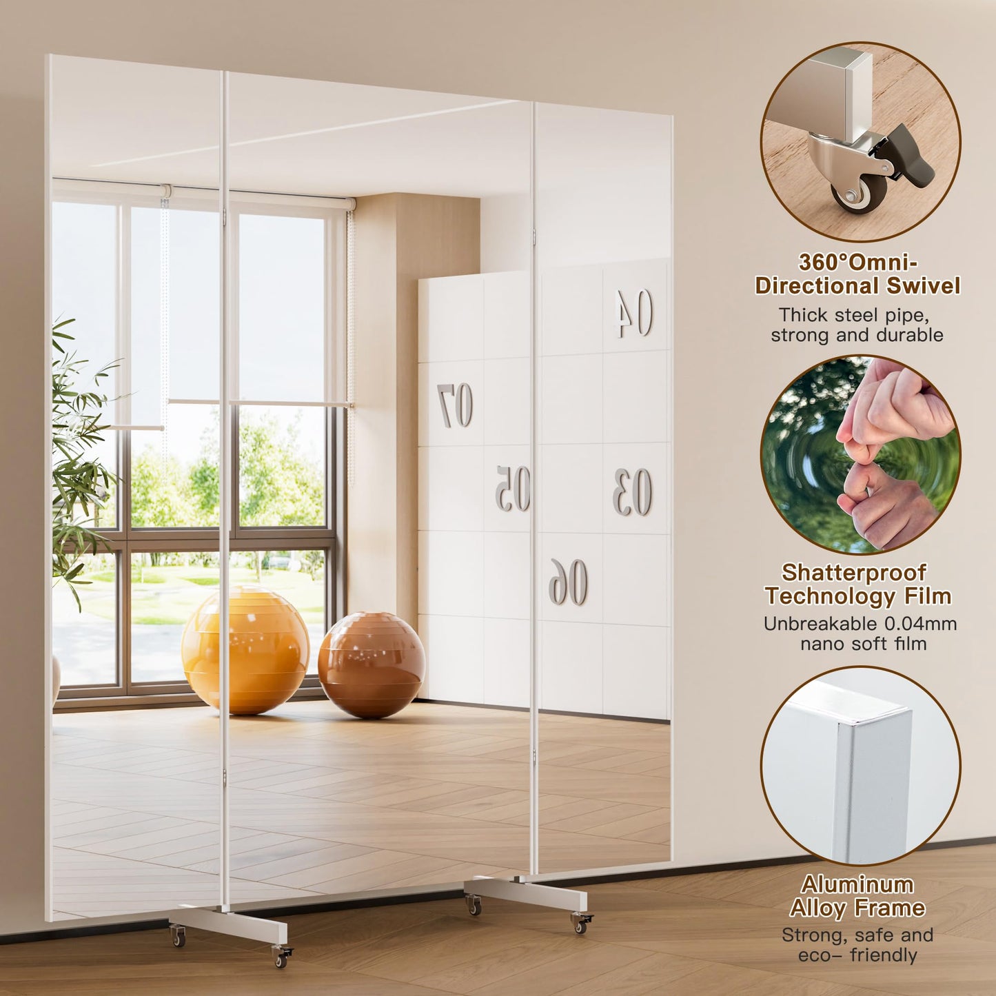 brisafe 67"x55" Folding Mirror with Wheels, 3-Panel Full Length Standing Mirror, Space-Saving