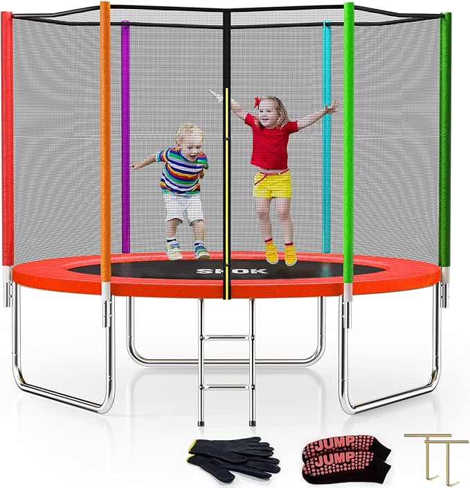 SKOK Trampoline 8FT 10FT 12FT 14FT 15FT Trampolines with Enclosure Net, 400LBS Outdoor Trampolines