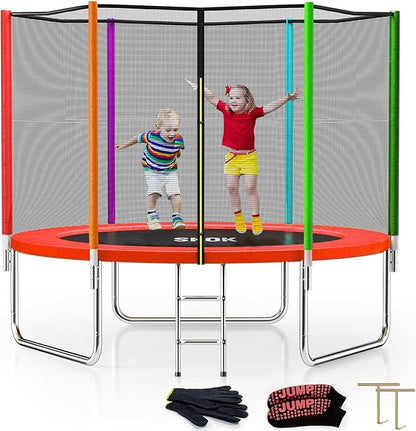 SKOK Trampoline 8FT 10FT 12FT 14FT 15FT Trampolines with Enclosure Net, 400LBS Outdoor Trampolines