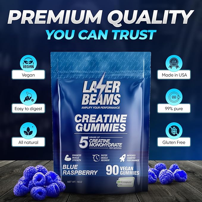 Creatine Monohydrate Gummies for Women & Men- 5g Creapure Creatine per Serving - Vegan, Blue