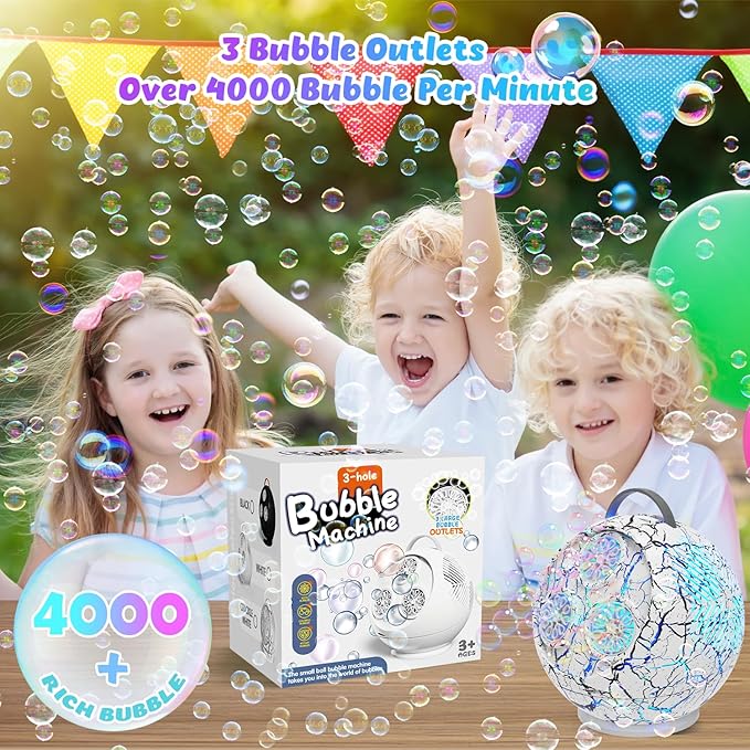 Bubble Machine for Kids Toddlers,45°/360° Rotatable Spherical Bubble Maker Toy with LED
