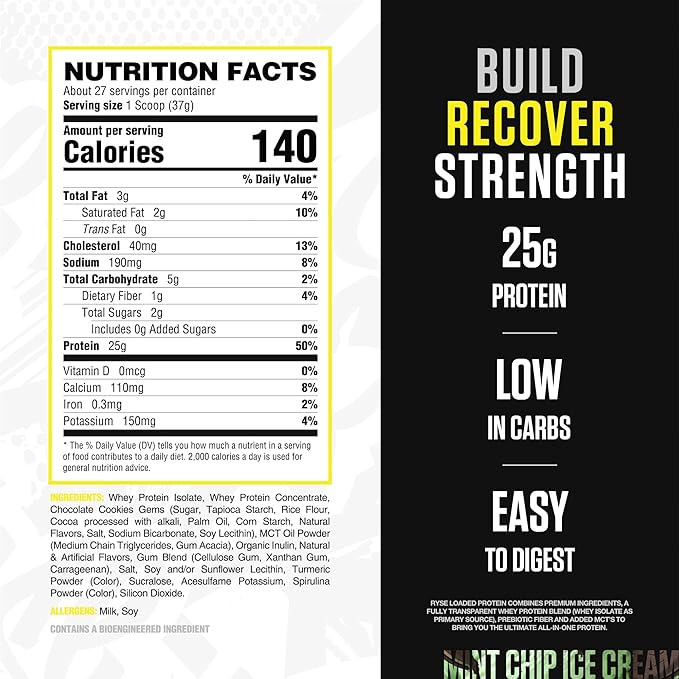 RYSE Loaded Protein Powder - Mint Chip Ice Cream - 25g Whey Protein Isolate & Concentrate with