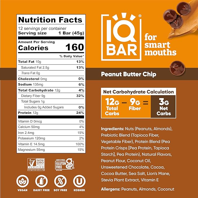 IQBAR Brain and Body Plant Protein Bars - Peanut Butter Chip - 24-Count Low Carb - Gluten Free