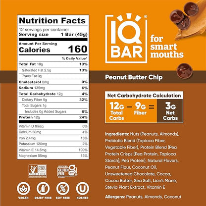 IQBAR Brain and Body Plant Protein Bars - Peanut Butter Chip - 24-Count Low Carb - Gluten Free
