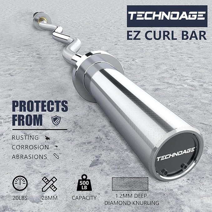 TECHNOAGE Olympic EZ Curl Bar, 47" Curl Bar(350/500LBS Capacity) 20LB, Solid Steel, Chrome Finish