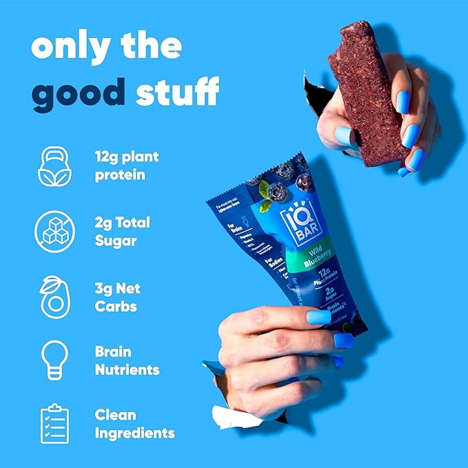 IQBAR Brain and Body Plant Protein Bars - Wild Blueberry - 12-Count Low Carb - Gluten Free, High