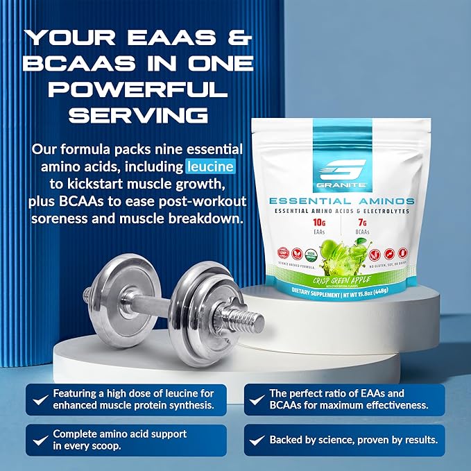 Granite Essential Amino Acids Powder, Green Apple Flavor, with 10g EAAs and 7g BCAAs, Supports