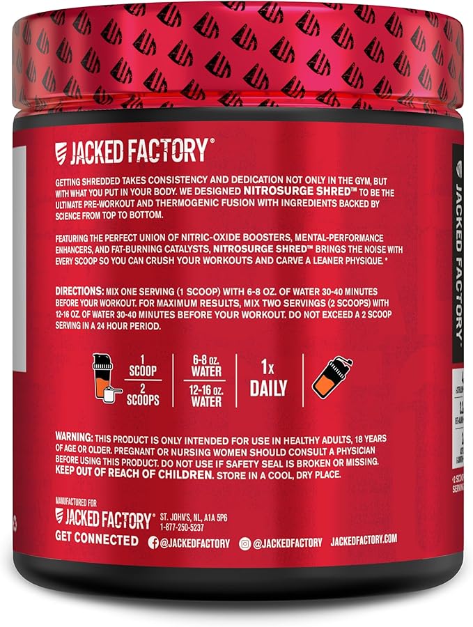 Jacked Factory NITROSURGE Shred Pre Workout Supplement - Energy Booster, Instant Strength Gains