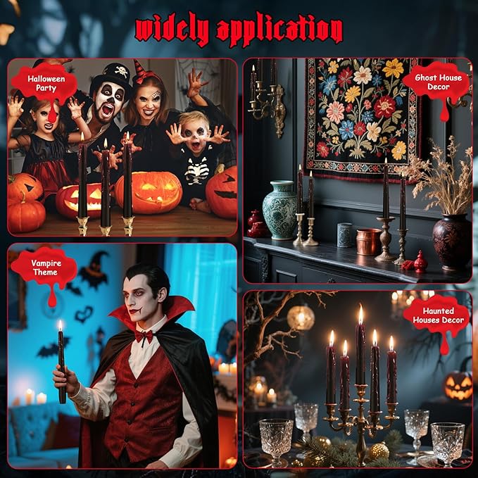 6 Pack Halloween Bleeding Candles, Black Vampire Tears Taper Candles Spooky Blood Drip Candles Set