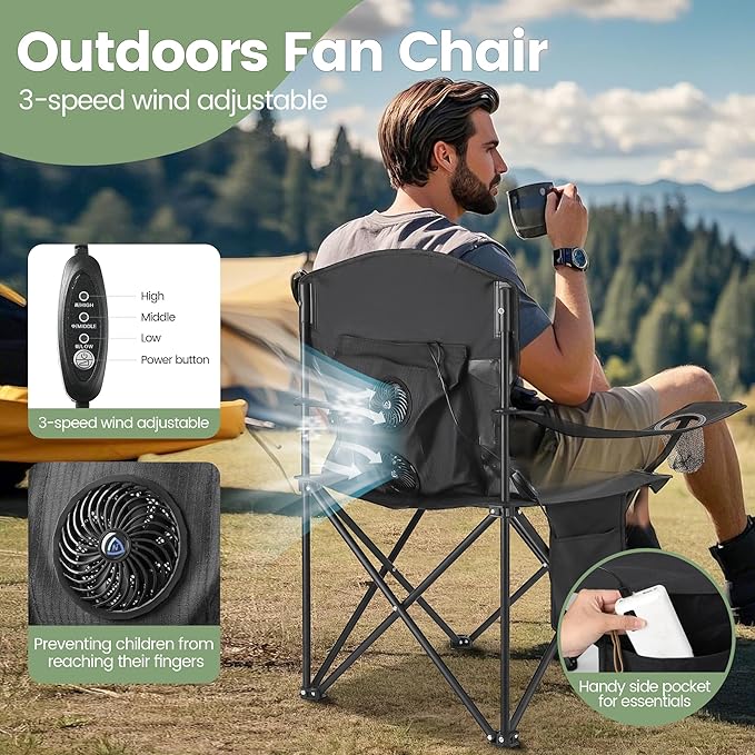 2 Pack Camping Chairs with Fan, Lightweight Camp Chair 300LBS Portable Foldable Chairs for Adults &