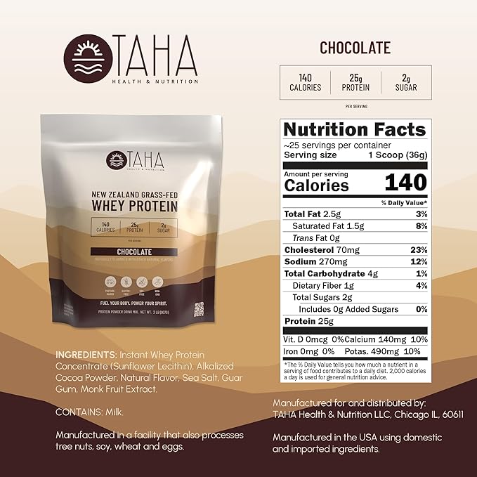 Taha Health & Nutrition Chocolate Flavored Whey Protein Concentrate Powder, 25g Protein, 140