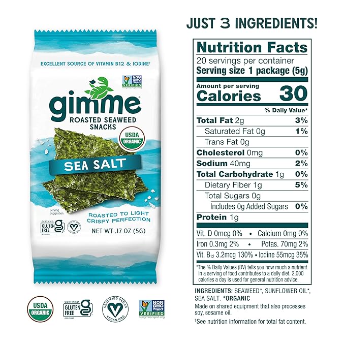 gimMe Organic Roasted Seaweed Sheets, Sea Salt, Keto, Vegan, Gluten Free, Great Source of Iodine