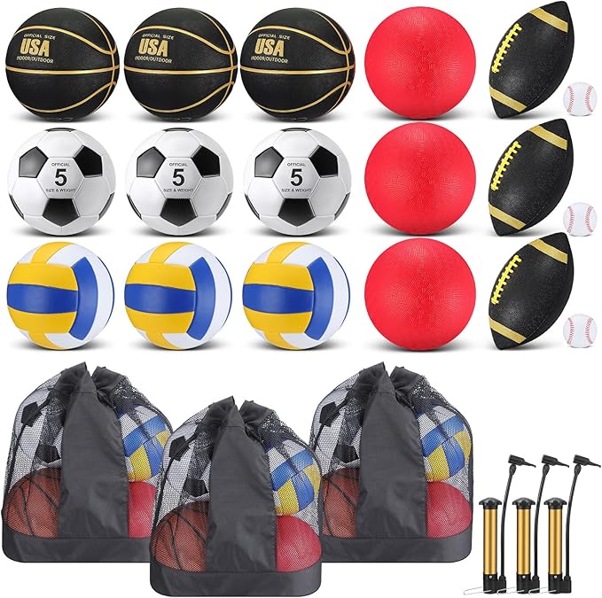 Leyndo 18 Pcs Sport Balls Bulk Set Basketball Football Volleyball Soccer Playground Baseball with