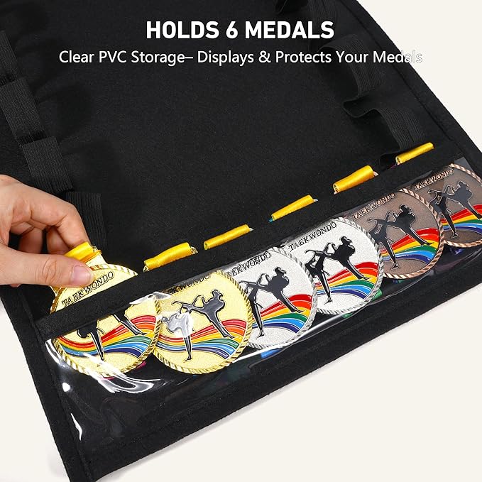 12 Belts Karate Belt Display Rack with PVC Medal Storage, Felt Taekwondo Belt Display Holder, Felt
