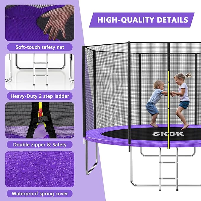 SKOK Trampoline 8FT 10FT 12FT 14FT 15FT Trampolines with Enclosure Net, 400LBS Outdoor Trampolines