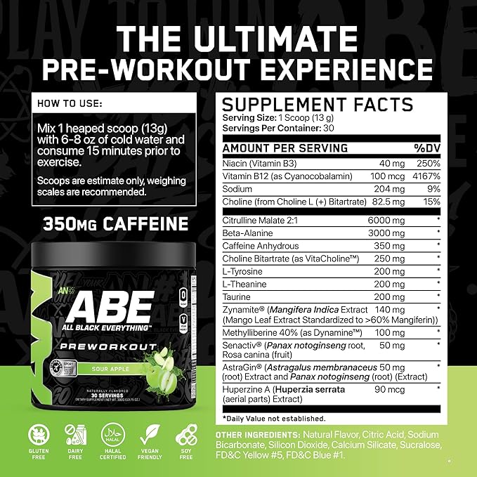 All Black Everything Pre Workout Powder | 30 Servings | Sour Apple | 350mg Caffeine | Nootropic