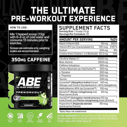 All Black Everything Pre Workout Powder | 30 Servings | Sour Apple | 350mg Caffeine | Nootropic