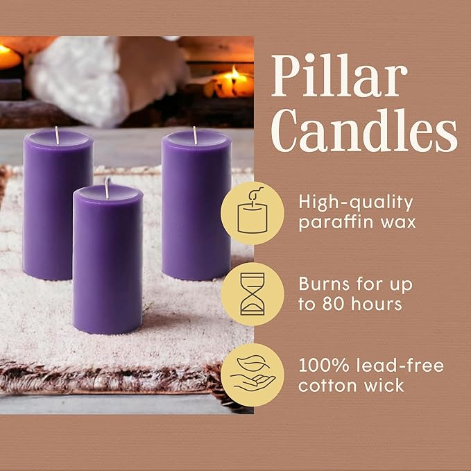 Mister Candle Dripless Unscented Pillar Candles, Set of 3 Hand Poured Purple Pillar Candles, Solid