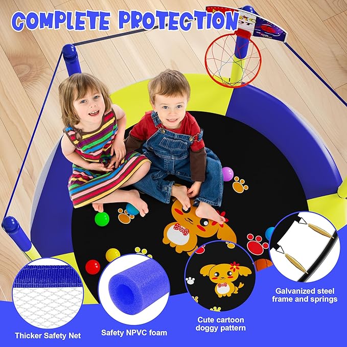 60" Trampoline for Kids, 5 FT Indoor & Outdoor Toddler Baby Trampoline with Basketball Hoop, Safety