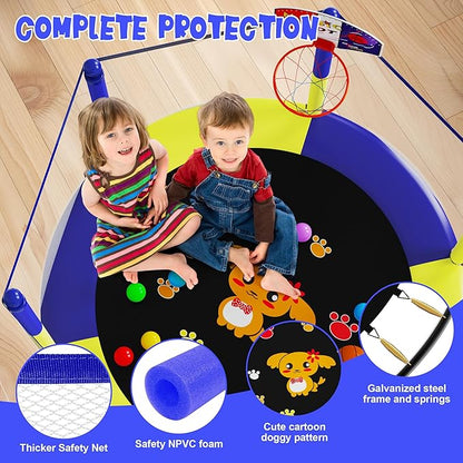 60" Trampoline for Kids, 5 FT Indoor & Outdoor Toddler Baby Trampoline with Basketball Hoop, Safety