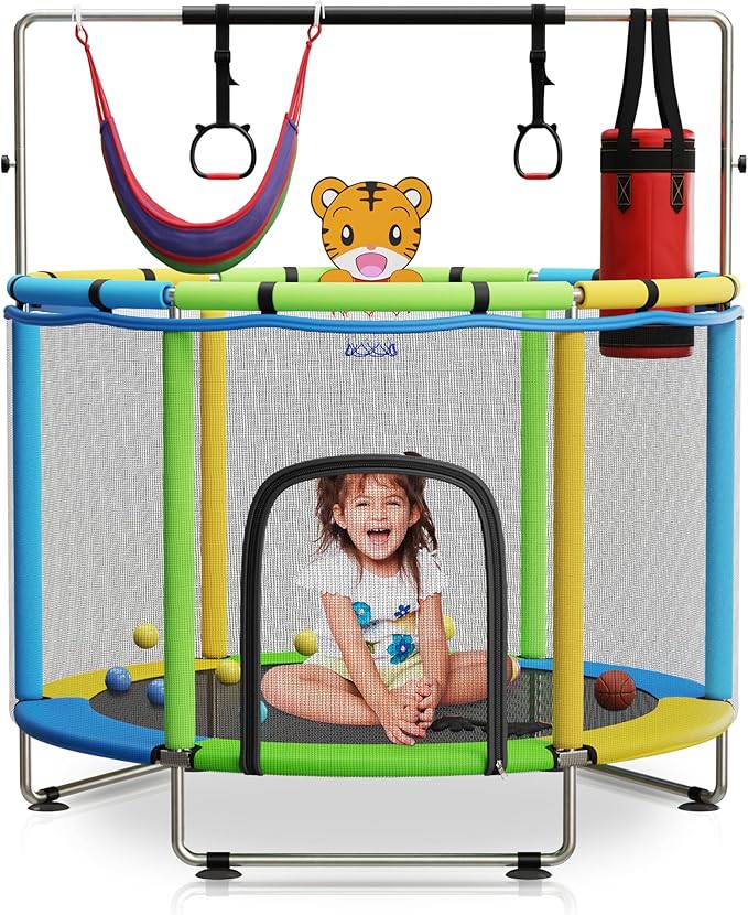 Toddler Trampoline for Kids Ages 3-8 - 5 ft Toddler Trampoline with Net, Basketball Hoop, Ocean