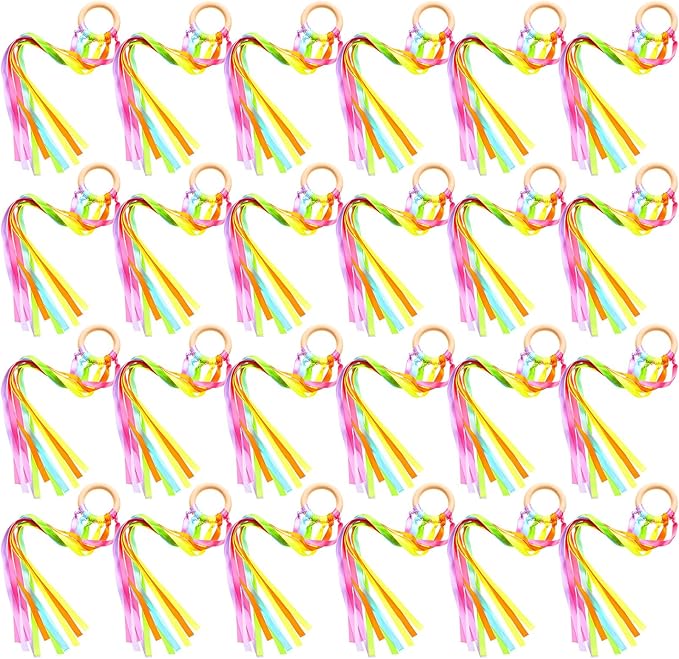 Junkin Ribbon Rings Hand Kite Waldorf Toys Dancing Wrist Ribbons Rainbow Streamers with Wood Ring