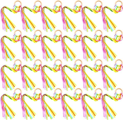 Junkin Ribbon Rings Hand Kite Waldorf Toys Dancing Wrist Ribbons Rainbow Streamers with Wood Ring