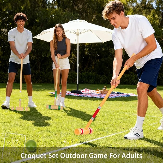 Pointyard Six Player Croquet Set, 28’’ Croquet Set with Wooden Mallets/Colored Ball/Wickets/Stakes
