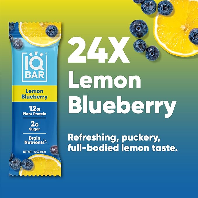 IQBAR Brain and Body Plant Protein Bars - Lemon Blueberry - 24-Count Low Carb - Gluten Free, High