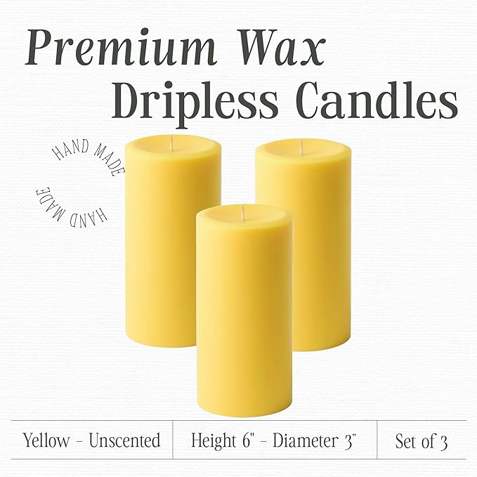 3" x 6" Yellow Pillar Candles (Set of 3) Unscented, Solid Color, Hand Crafted Weddings, Home