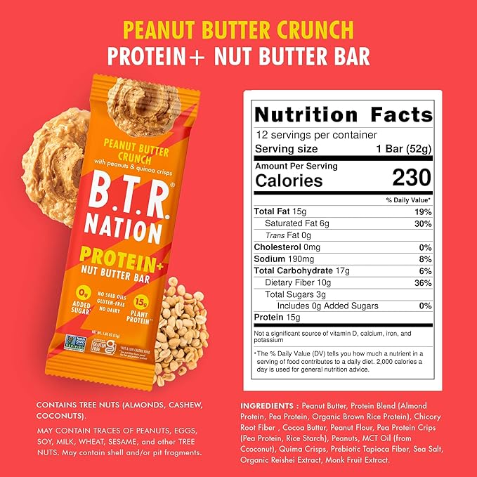 B.T.R Nation Vegan Keto Plant Based High Protein & HIgh Fiber Bars - Peanut Butter Crunch Protein+