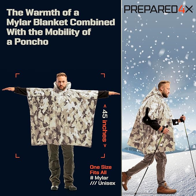 PREPARED4X Emergency Poncho and Mylar Blanket Liner - Waterproof, Wind-Resistant Outdoor Rain