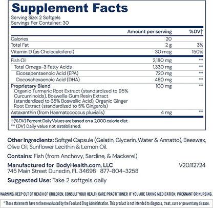 BodyHealth Omega 3 Health, Fish Oil Supplement for Women and Men, Heart and Brain Health, Fish Oil