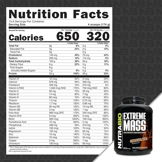 NutraBio Extreme Mass Gainer Protein Powder, 53G Protein, Clean Weight Gainer, Increase Muscle