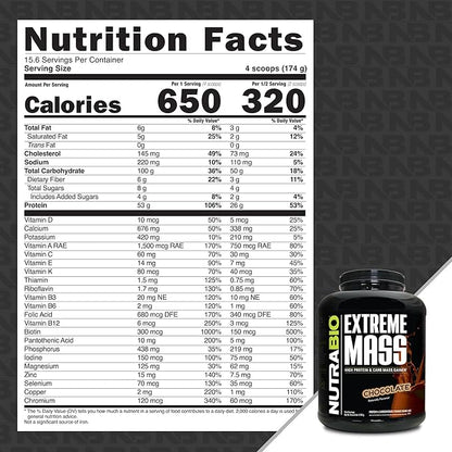 NutraBio Extreme Mass Gainer Protein Powder, 53G Protein, Clean Weight Gainer, Increase Muscle