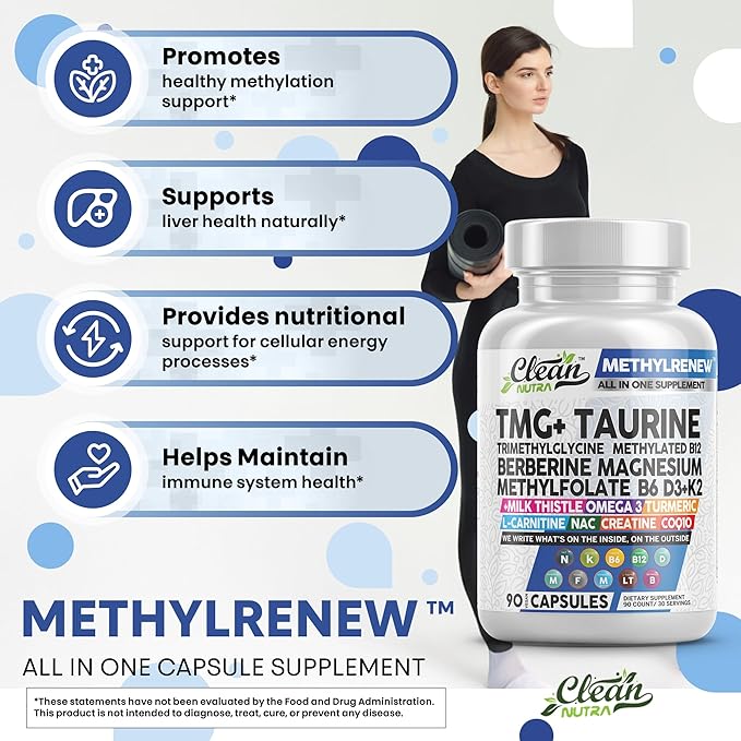Clean Nutra TMG Supplements 1000mg | Methylated Multivitamin for Women Men | Taurine B6 Vitamins