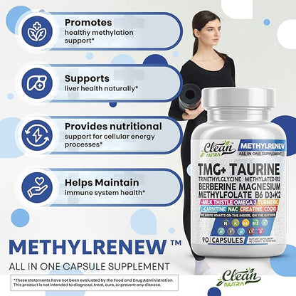Clean Nutra TMG Supplements 1000mg | Methylated Multivitamin for Women Men | Taurine B6 Vitamins