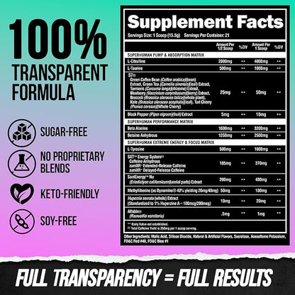 ALPHA LION Superhuman Extreme High Stim Pre Workout Powder, Beta Alanine, L-Taurine & 356mg
