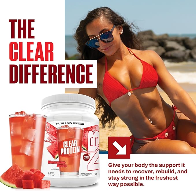 NutraBio Clear Protein Powder, Watermelon Breeze - 20 Servings, 20g Clear Whey Protein Isolate, 0