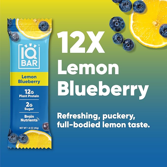 IQBAR Brain and Body Plant Protein Bars - Lemon Blueberry - 12-Count Low Carb - Gluten Free, High